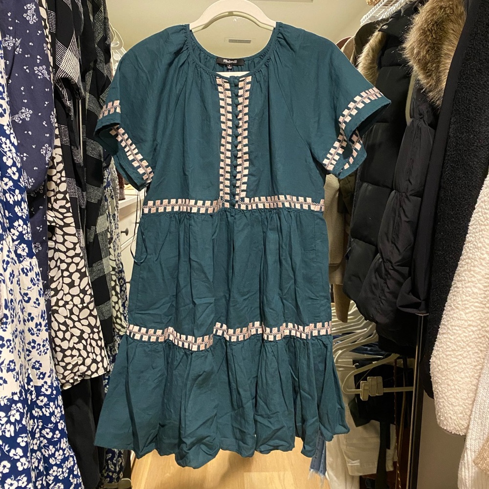 Madewell Embroidered Linen-Blend Flutter-Sleeve Mini Dress